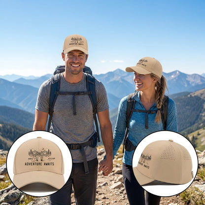 Personalized Adventure Awaits Cap or T-Shirt, Same Custom Couple Hiking Design, Outdoor Gift for Couples