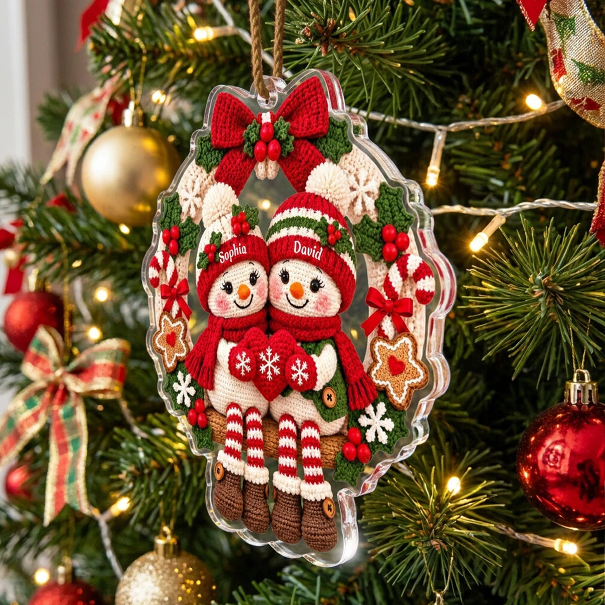 Personalized Crochet Style Snowman Couple Acrylic Ornament, Cute Christmas Wreath Decoration, Romantic Gift for Couples