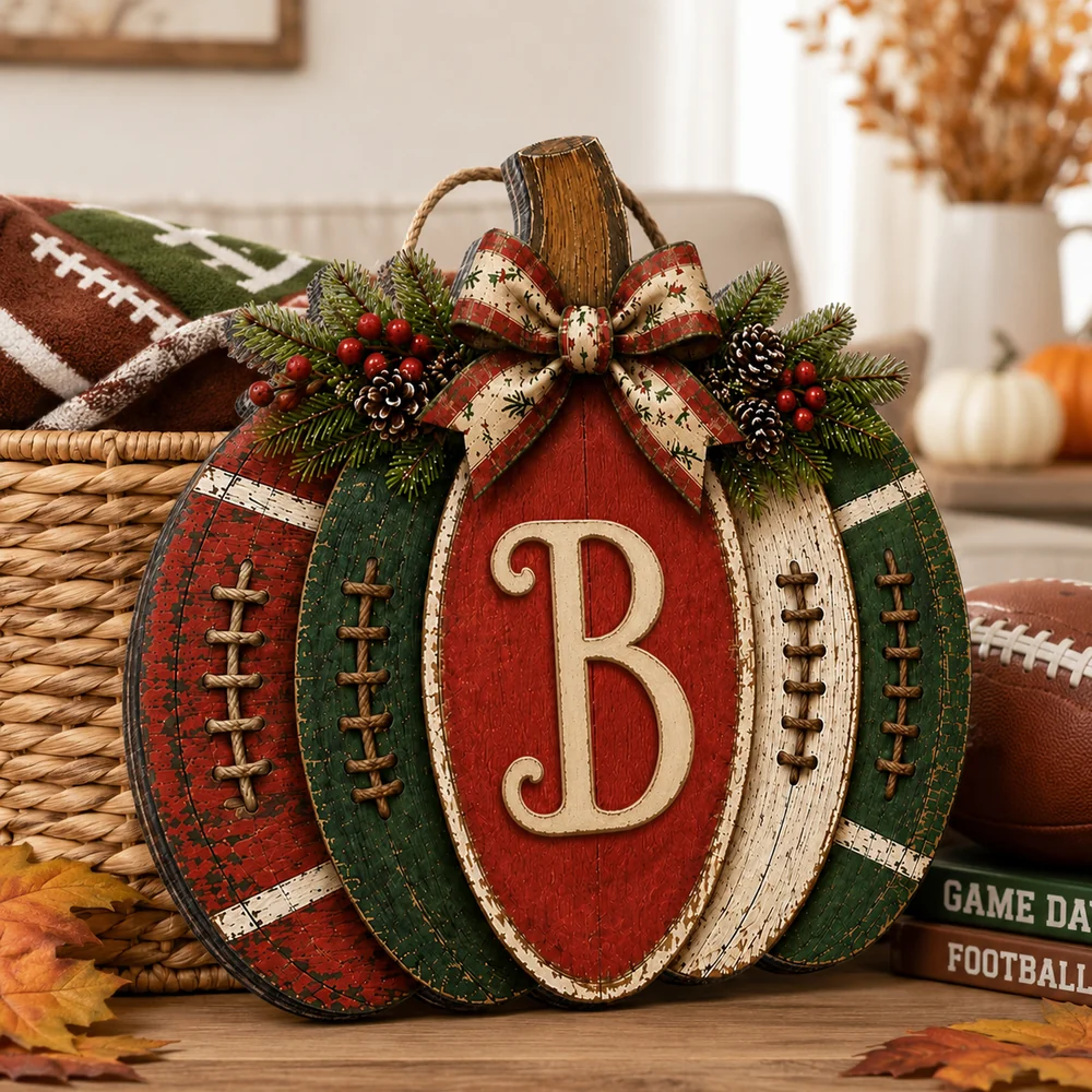 Personalized Wooden Sign, Autumn Pumpkin Door Accent, Creative Gift for Family and Football Fans