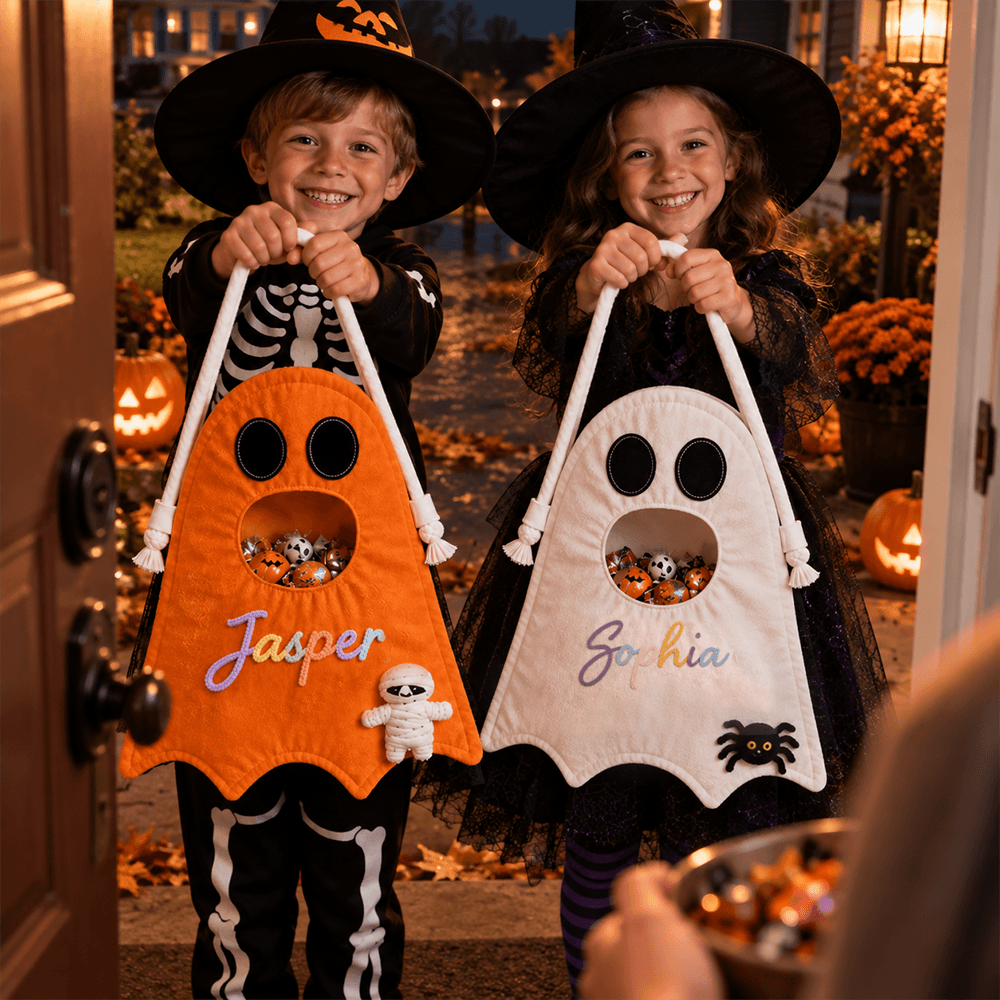 Personalized Ghost Trick-or-Treat Bag with Custom Name, Yarn Colors & Halloween Icon, Cute Candy Tote for Kids