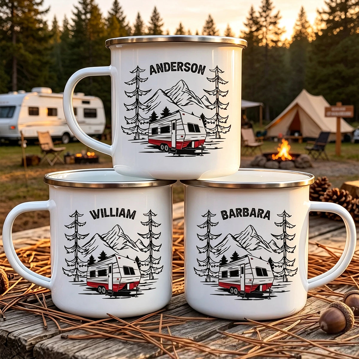 Personalized Enamel Mug With RV Trailer, Pine Forest Campsite Art, Unique Gift For Camping Families