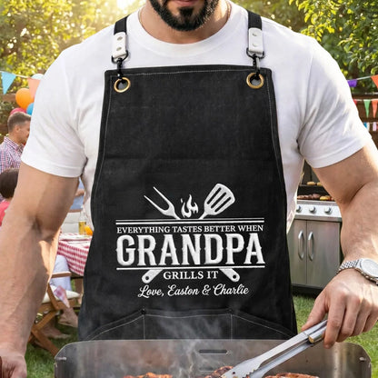 Personalized Canvas Pocket Apron for Grandpa, BBQ Grill Design, Unique Father's Day Gift