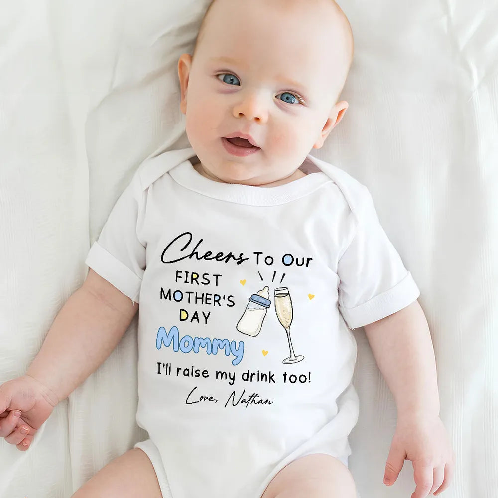 Short Sleeve Baby Onesie for First Mother's Day, Personalized Cheers Design with Baby Bottle and Toast, Sweet Gift Idea for New Mom