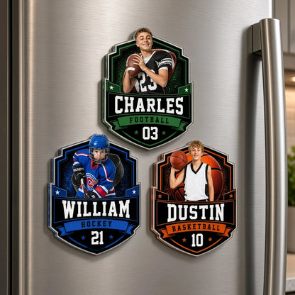 Personalized Acrylic Fridge Magnet, Athlete Posing with Sports Gear, Unique Gift for Players & Families