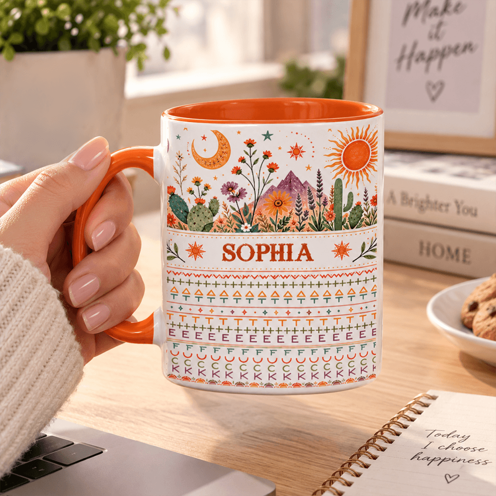 Personalized Desert Floral Mug with Custom Name, Sun & Cactus Design, A Meaningful Gift Filled with Warmth and Nature-Inspired Beauty
