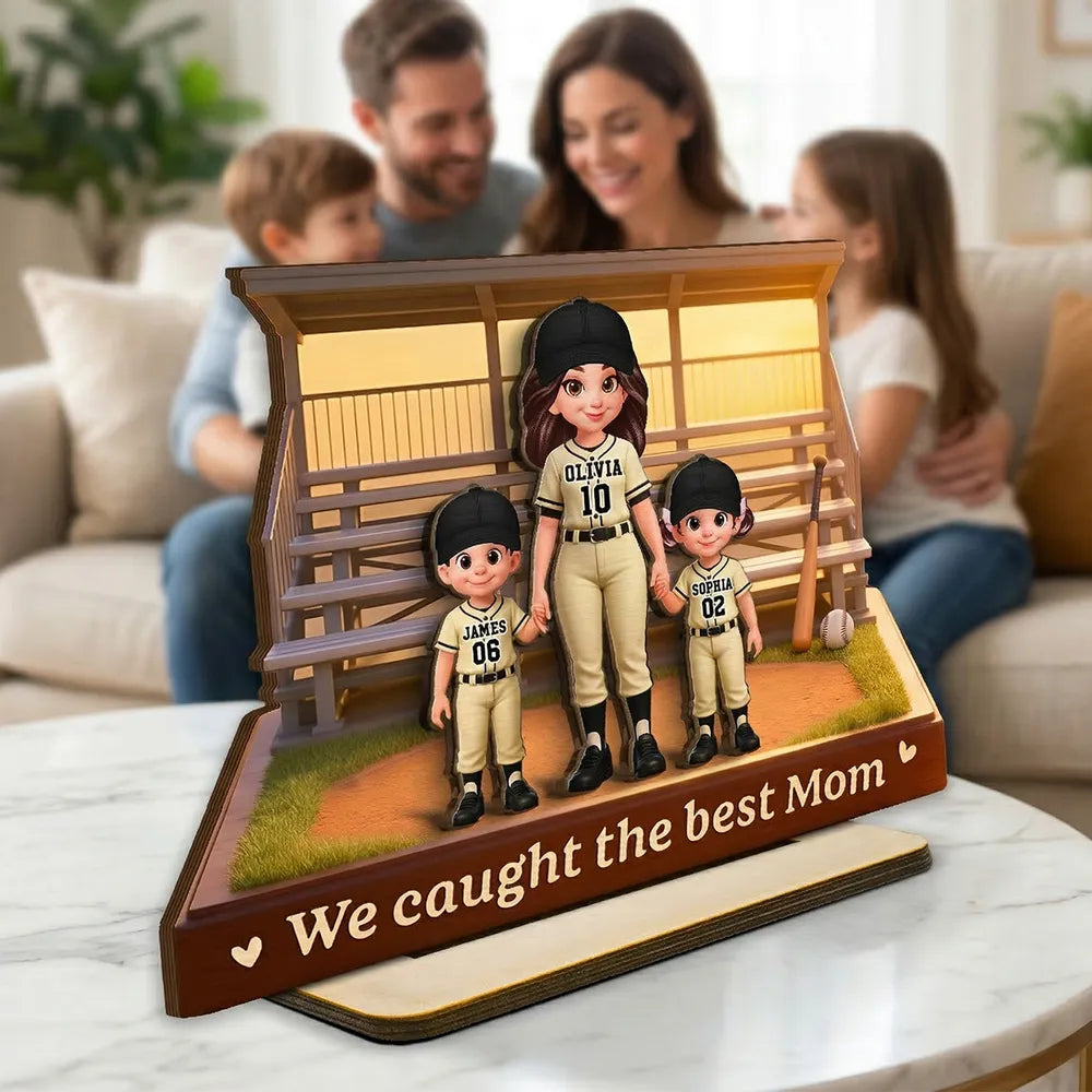 Personalized 2-Layer Wooden Plaque Baseball Bleachers Mom Holding Kids' Hands We Caught The Best Mom Unique Gift