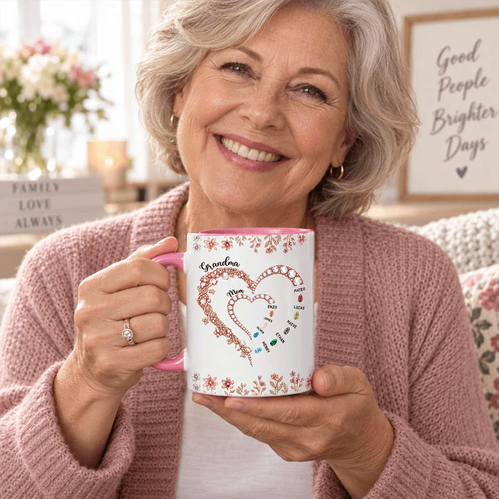 Personalized Grandma Birthstone Heart Mug with Grandkids’ Names, Meaningful Family Gift for Grandma
