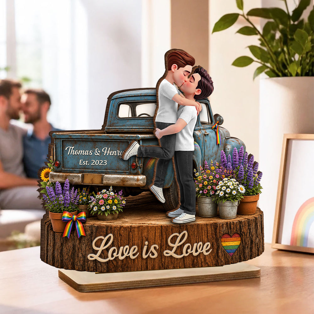 Personalized LGBT Couple 2-Layer Wooden Plaque, Kissing Pickup Truck Art, Proudly Us Creative Gift