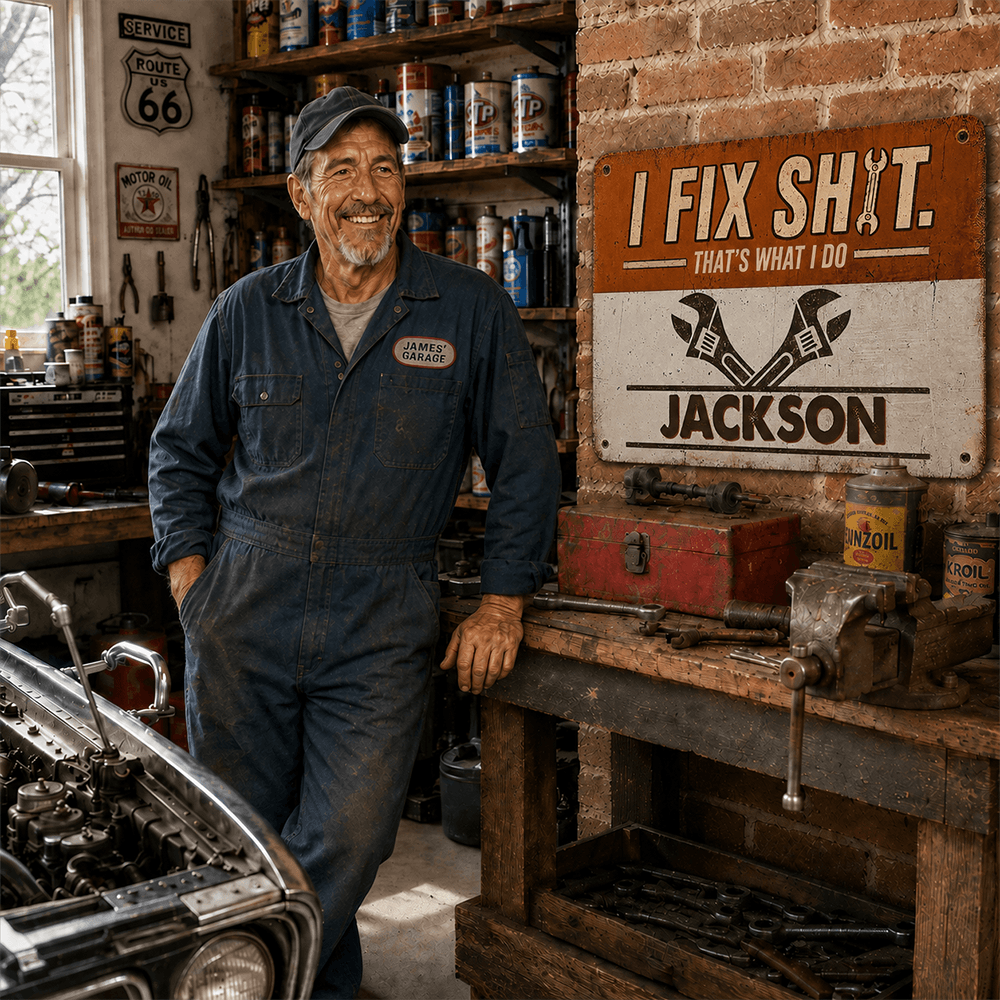 Personalized “I Fix Shit, That’s What I Do” Iron Sign – Funny Custom Garage Gift for Mechanics & Handymen