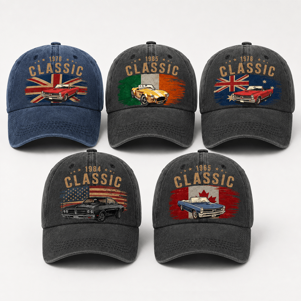 Personalized Classic Car Washed Cotton Cap, Custom Photo & Year, Choose Your Country Flag, Gift for Dad or Car Lover