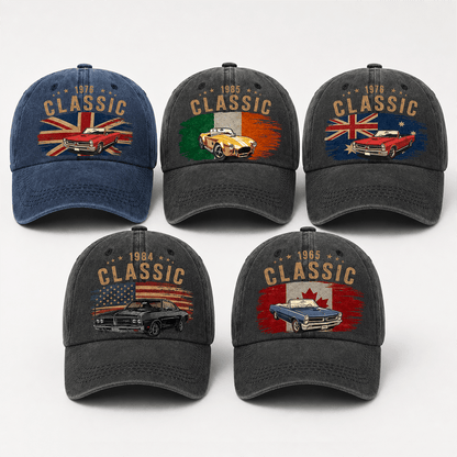 Personalized Classic Car Washed Cotton Cap, Custom Photo & Year, Choose Your Country Flag, Gift for Dad or Car Lover