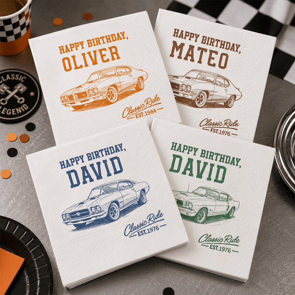 Personalized Retro Car Napkins, Custom Birthday Table Decor, Unique Gift for a Car Enthusiast