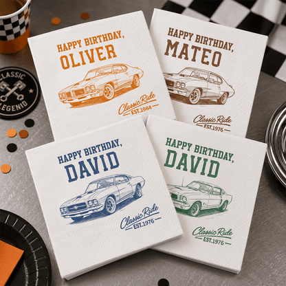 Personalized Retro Car Napkins, Custom Birthday Table Decor, Unique Gift for a Car Enthusiast