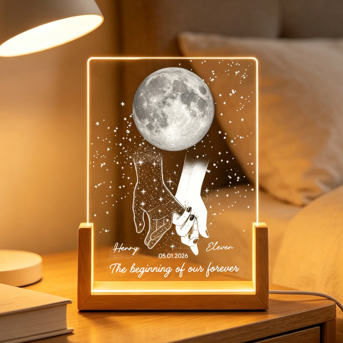 Personalized LED Light Frame, Couple Moon & Stars Design, Unique Gift for Couple with Soft Romantic Glow