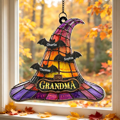 Personalized Acrylic Suncatcher Ornament, Grandma Witch Hat With Bats, Unique Halloween Gift