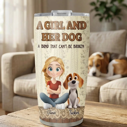 Insulated Travel Tumbler Personalized as a One-of-a-Kind Gift, Cute Girl Sitting with Her Dog, Warm Vintage Style for Daily Coffee