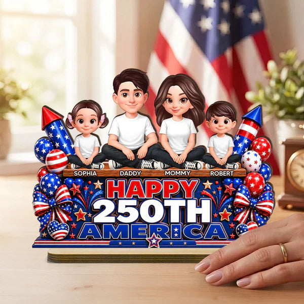 Custom 2-Layer Wooden Plaque, Sitting Family Patriotic Keepsake, Creative Gift for Family