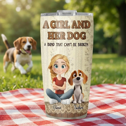 Insulated Travel Tumbler Personalized as a One-of-a-Kind Gift, Cute Girl Sitting with Her Dog, Warm Vintage Style for Daily Coffee