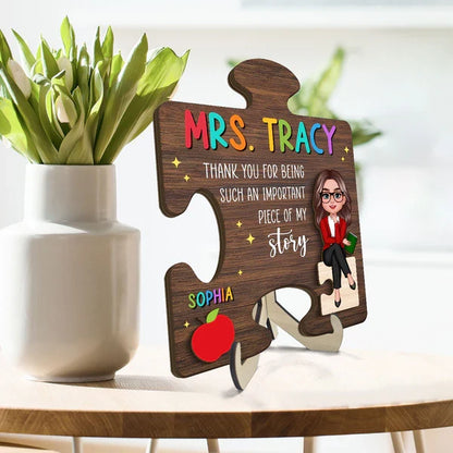 Personalized Teacher 2-Layer Wooden Plaque, Puzzle Piece Unique Gift With Cartoon Teacher, Apple And Book