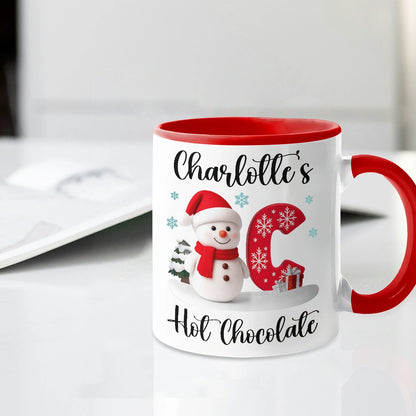 Custom Snowman Initial White Ceramic Mug for Hot Chocolate & Morning Coffee – Festive Personalized Christmas Gift, Fun and Cute Winter Present