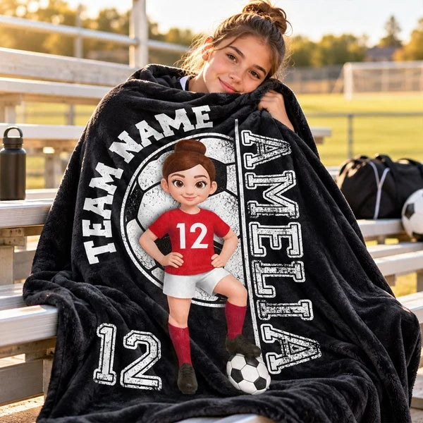 Personalized Fleece Blanket, Soccer Player Posing with Ball, Unique Navy Gift for Son or Grandkid