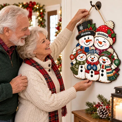 Personalized Wooden Sign with Colorful Snowman Family, Christmas Decor, Unique Gift for Grandparents