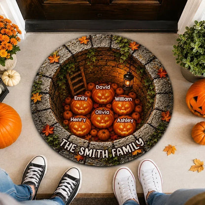 Personalized Shaped Doormat with Glowing Pumpkin Family, Gothic Halloween Decor, Unique Gift for Families