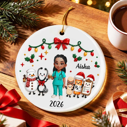 Personalized Ceramic Ornament with Nurse Holding Coffee and Medical Icons, Unique Creative Gift for Nurses