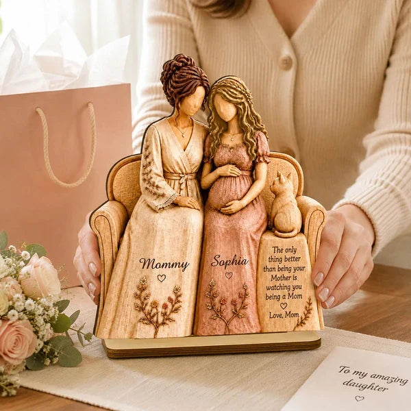 Personalized 2-Layer Wooden Plaque, Seated Mother and Pregnant Daughter, Heartfelt Creative Gift for New Mom