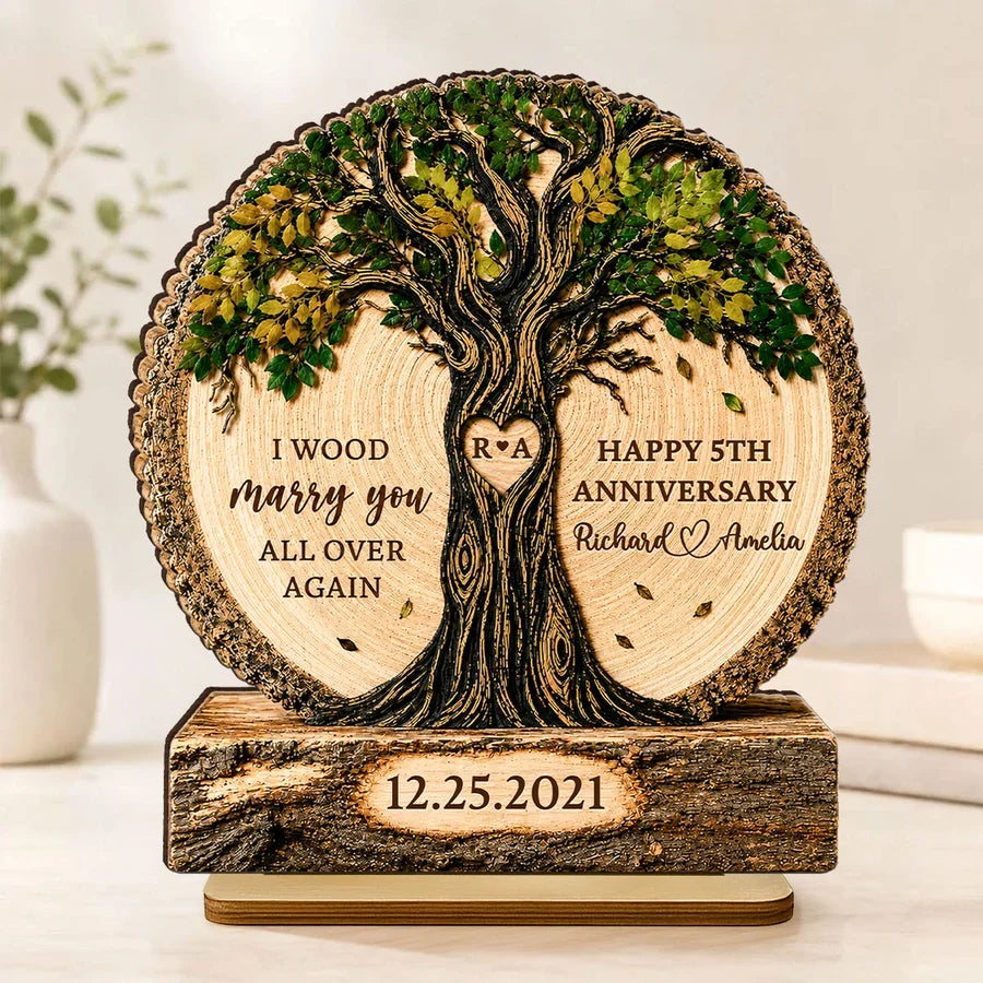 Personalized 2-Layer Wooden Plaque with Intertwined Couple Tree, Unique Anniversary Gift for Spouse