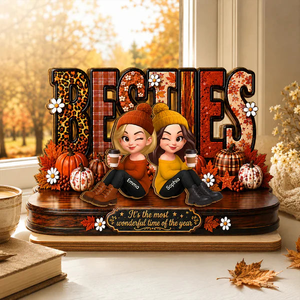 Personalized 2-Layer Wooden Plaque, Sitting Besties with Coffee, Unique Fall Gift for Close Friend