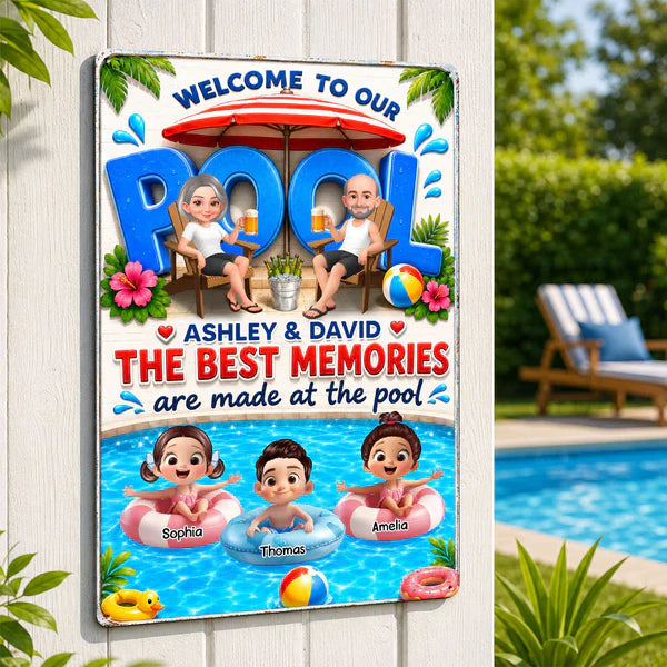 Personalized Rectangular Iron Sign, Cartoon Grandparents & Grandkids Pool Decor, Unique Gift