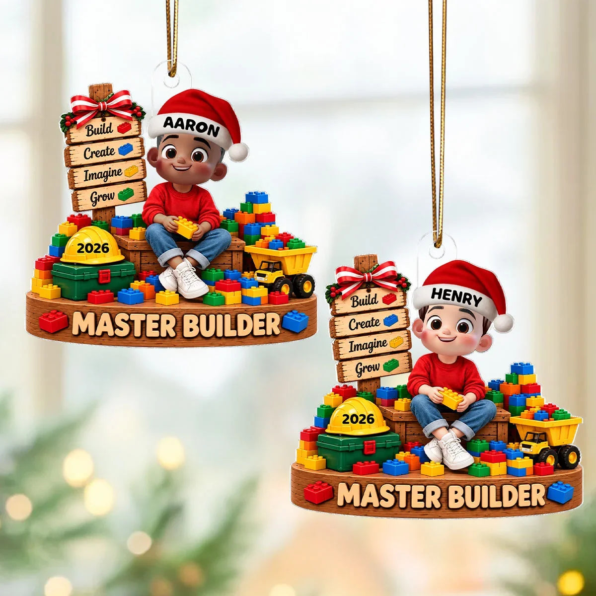 Personalized Acrylic Ornament, Cute Builder Kid Sitting with Blocks, Unique Christmas Gift for Son