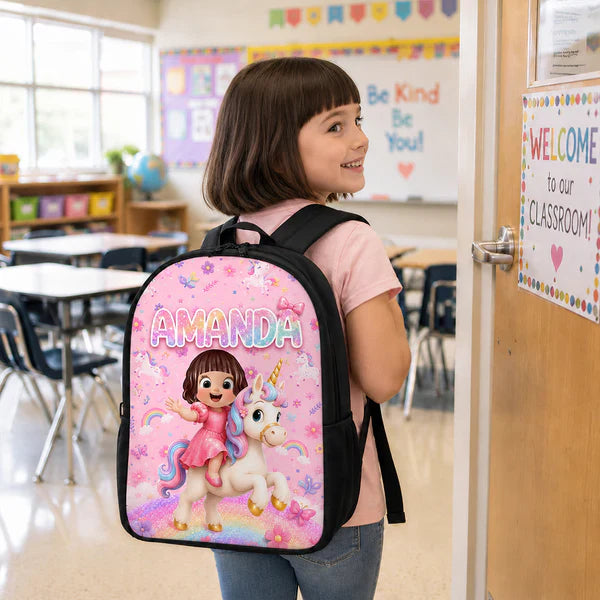Personalized Kids School Backpack, Girl Riding Unicorn Design, Unique Creative Gift for Girls