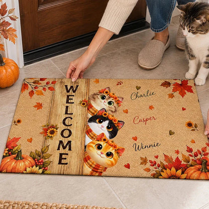 Personalized Fall Cat Standard Doormat, Peeking Cats Bring a Warm Autumn Welcome, Creative Gift for Pet Owners