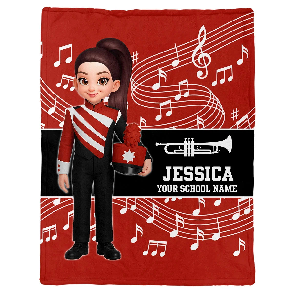 Personalized Fleece Blanket with Standing Marching Band Girl and Trumpet, Unique Gift for Music Students