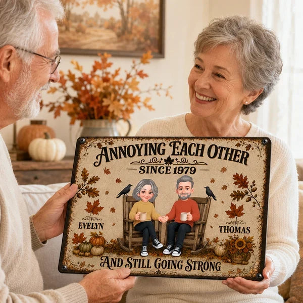 Personalized Rectangular Iron Sign, Retro Couple Holding Hands in Fall, Unique Anniversary Gift for Her or Him