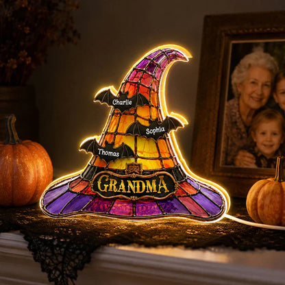 Personalized Acrylic Light Box, Witch Hat Halloween Decor, Unique Gift for Grandma with Warm Glow