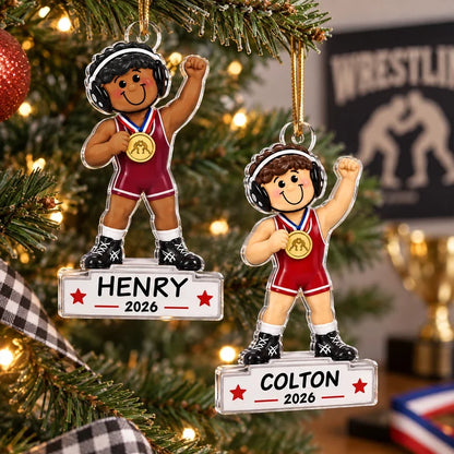 Personalized Acrylic Ornament, Cartoon Wrestling Champion on Christmas Tree, Unique Gift for Son