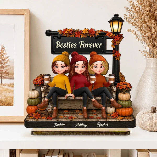 Personalized 2-Layer Wooden Plaque, Fall Lamp Post Friends Scene, Unique Gift For Besties