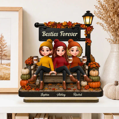Personalized 2-Layer Wooden Plaque, Fall Lamp Post Friends Scene, Unique Gift For Besties