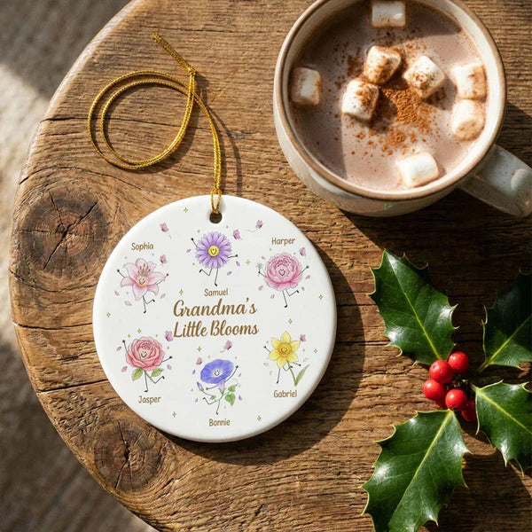 Personalized Ceramic Ornament With Grandma's Little Blooms, Smiling Birth Flower Art, Unique Gift For Grandma