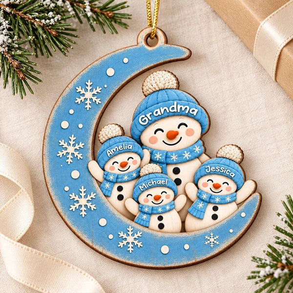 Personalized Ornament with Smiling Grandma and Grandkids on Blue Moon, Unique Christmas Gift for Grandma