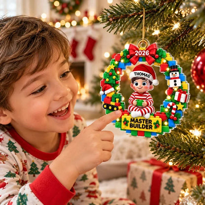 Personalized Acrylic Ornament, Cute Master Builder Child in Festive Wreath, Unique Gift for Kids