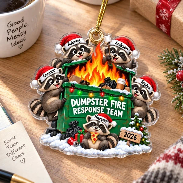 Personalized Acrylic Ornament, Funny Raccoons Around a Dumpster Fire, Snowy Christmas Decor, Unique Coworker Gift