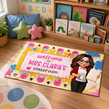 Personalized Standard Doormat With Pastel Pencils & Cartoon Teacher, Creative Gift For Classroom Entry