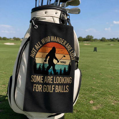 Personalized Waffle Weave Golf Towel with Bigfoot on the Course, Unique Gift for Dad or Grandpa