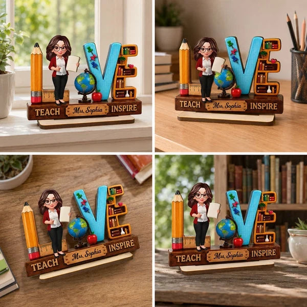 Teach Love Inspire 2-Layer Wooden Plaque, Colorful School Desk Decor, Creative Personalized Teacher Gift
