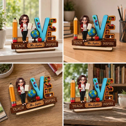 Teach Love Inspire 2-Layer Wooden Plaque, Colorful School Desk Decor, Creative Personalized Teacher Gift