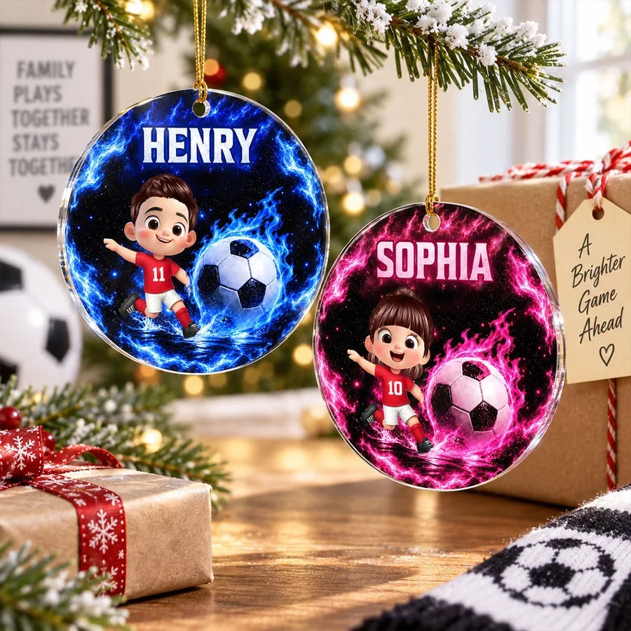 Personalized Acrylic Ornament, Electric Blue Cartoon Soccer Player Kicking a Ball, Unique Christmas Gift for Kids